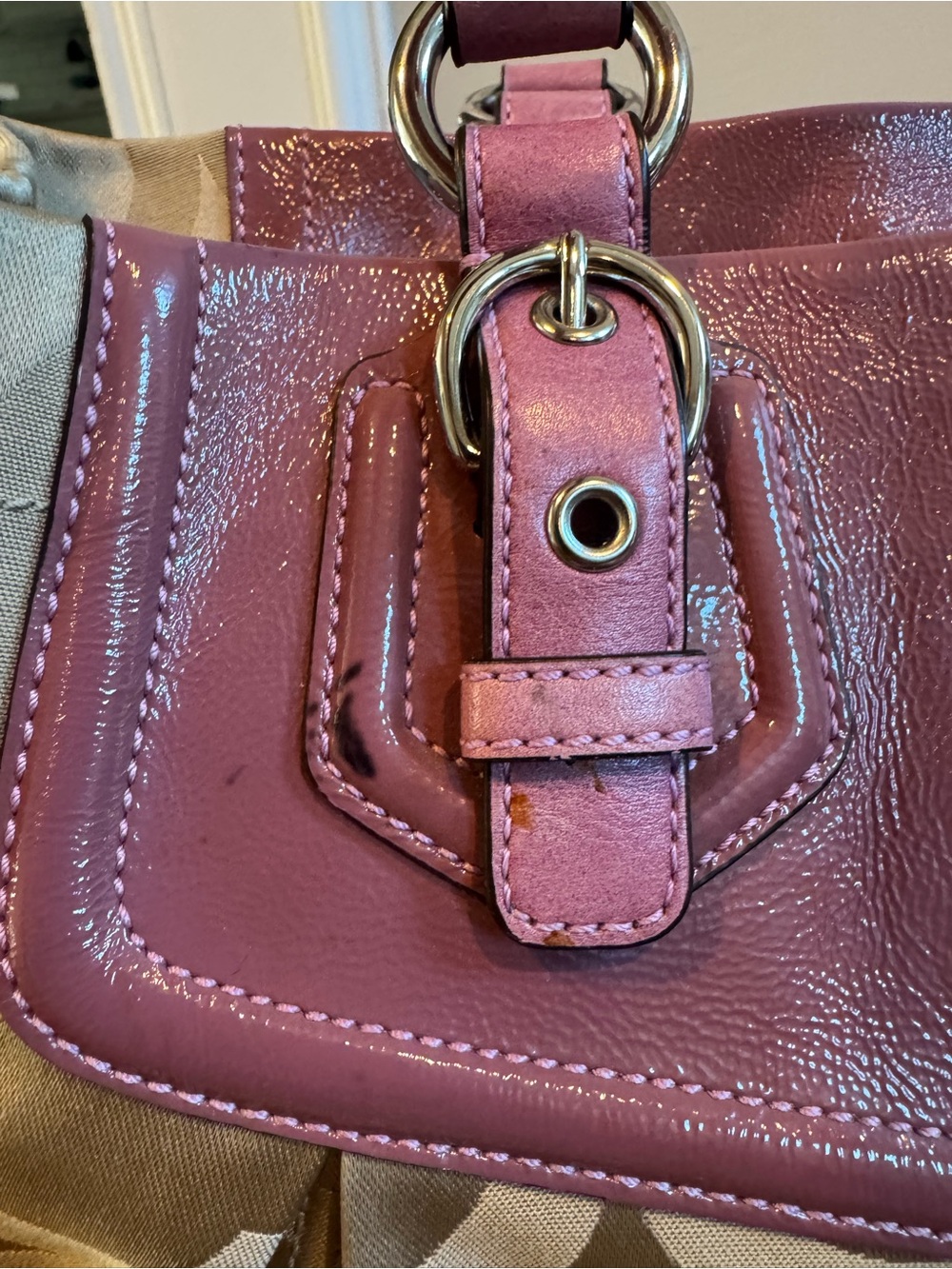 Coach Vintage Beige Signature Satchel with Pink Leather Trim - Picture 5 of 16
